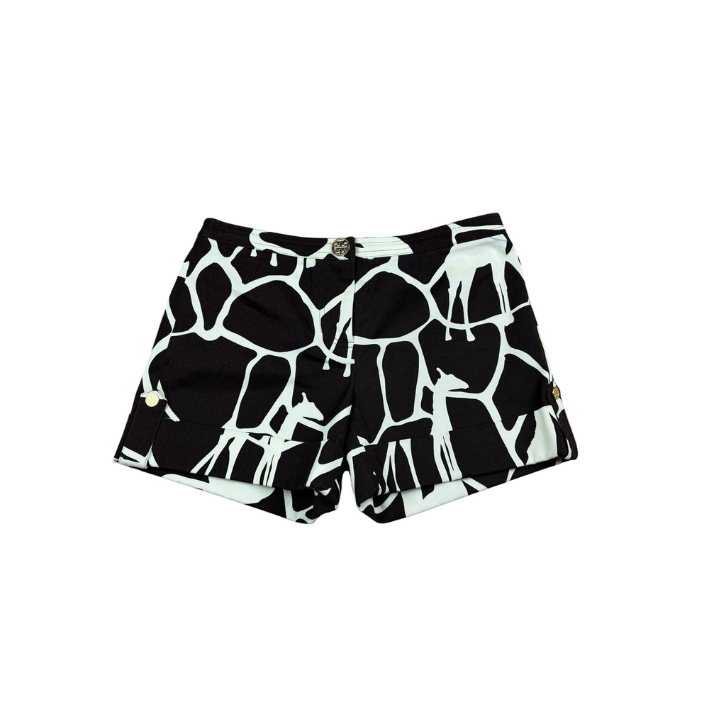Tory Burch Giraffe Print Shorts Brown White Cotton Stretch Size 2 Cuffed Hem